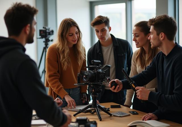 Students working together with film equipment in a classroom or on location.